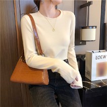 순잠 여성용 데님 기본 라운드넥 소프트 무지 긴팔 티셔츠