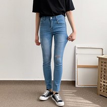 헤이진 여성용 캣워싱 칼구제 스판 데님 팬츠
