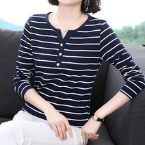 여성용 MA 스트라이프 쓰리버튼 긴팔 미시 티셔츠