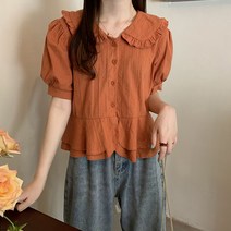 유니제이 루티 카라 프릴 반팔 블라우스