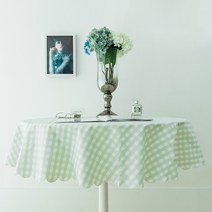 레트로 깅엄 체크 원형 방수 식탁보, 라임그린, M(137cm)