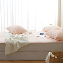 크림체크 시어서커 여름 고정밴딩 누빔 침대패드, 피치캔디