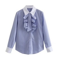 리본블라우스 왕리본 봄2022 여성 스트라이프 보우 셔츠 긴 소매 싱글 브레스트 블라우스 Office Lady Chic