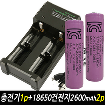 Store25 2구충전기 + 18650 충전용 배터리 2개 2600mAh 3.7V 건전지 2600암페어, 1개