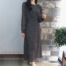 상상그이상 여성용 잔꽃 라운드넥 스트랩 롱원피스 쉬폰 플라워 플레어 하객룩 원피스코디