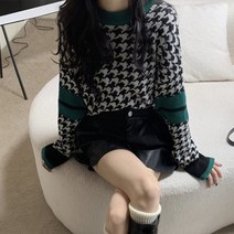 [랜덤플레이] 투스 체크 배색 포인트 하운드 니트
