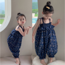 여아 아동 봄 여름 플라워 꽃무늬 끈나시 리본 네이비 밴딩 점프슈트 레이어드 캐주얼 데일리 바캉스 여행 외출복 나들이룩 자매룩 등원룩