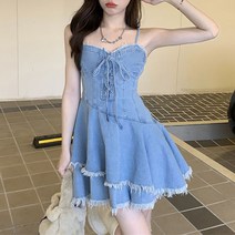 POMTOR 데님 원피스 여 여름 라지 슬림해 보이는 멜빵 스커트