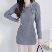 데일리 슬림 라인 와플 니트 후드 원피스