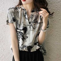 아임럭시 페니엘-브이 헨리넥 하운드 투스 홀스 드로잉 블라우스