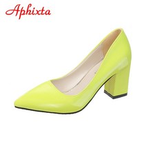 웨지힐 가보시힐Aphixta 새로운 2.75 인치 스퀘어 힐 특허 가죽 신발 여성 펌프 짙은 녹색 두꺼운 발 뒤꿈