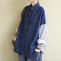 도오빠 데루니 여성 데님 셔츠 스트라이프 긴팔 남방 오버핏 청자켓 여자셔츠 프리사이즈 의류