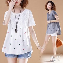 뉴욕멋쟁이 [당일발송] 크로셰 꽃자수 여성반팔티셔츠 여성블라우스티 44부터 99사이즈까지