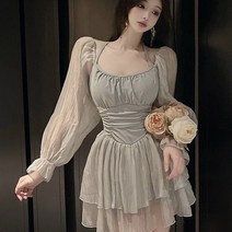 수입 명품 스타일 유명 연예인 원피스 시폰 긴팔 드레스 여성 봄 스타일 프릴 샤랄라