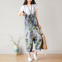 라오농 여름 새로운 도착 문학 스타일 빈티지 인쇄 데님 서스펜더 바지 여성용 느슨한 슬리밍 크롭 점프 수트 X +04OF7elQ