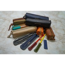 (무료이니셜각인) 25종 천연 소가죽 선물용 성인 대학생 필통 고급 수제 가죽필통 펜케이스, 검정민자실버지퍼(대)  손목스트랩포함