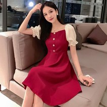 스퀘어넥 반팔원피스 여성 벌룬소매 여름 슬림 보여 오픈숄더 A라인