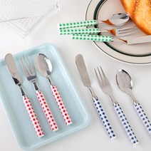 빈티지 깅엄 체크 커트러리 버터나이프 티스푼 티포크 (3color), 티포크 (15cm), 블루