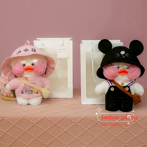 PKTOYS 귀여운 빵빵 오리인형 피큐어 큐티 옷 입히기 친구 생일 커플 여자 세트 재미있는 선물 30CM, 블랙 오버올 블랙 모자+작음언니 모자