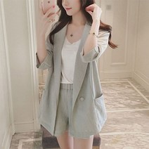 여성 투피스 정장 세트 여자 여름 린넨 자켓 반바지