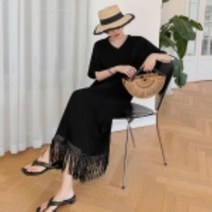 여성 여행룩 브이넥 주름 프린지 테슬 반팔 롱원피스