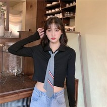 긴팔크롭티 디자인감각 긴팔니트 여성 숏 학원 무드 넥타이 BM 배꼽티셔츠 트렌드 카라넥 상의 2695790610