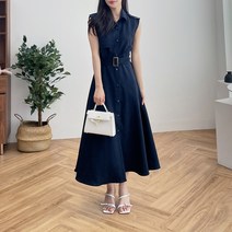 발리 여름 셔츠 카라 민소매 벨트 플레어 롱원피스