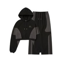 널디 우먼스 엔와이 사이드 블락 크롭 후디 세트 블랙