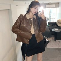 여성 가죽 자켓 대형 브라운 가을 레트 스타일 짧은 오토바이 탑