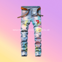 남자 화려한 일자핏 자수 청바지 남성 와이드 데님 스트레이트 잉크 프린팅 찢청 슬림 마이크로 스판 팬츠