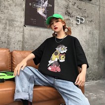 CIUUC 여름 하라주펑 티셔츠 남녀 조수 브랜드 일본 느슨한 캐주얼 만화 톰 고양이 짧은 소매 학생 커플 코트 t