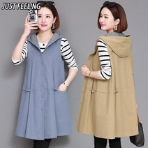 JUSTFEELING 중년여성 민소매 후드 트렌치코트 40대 루즈핏 베스트 조끼 봄가을 롱점퍼
