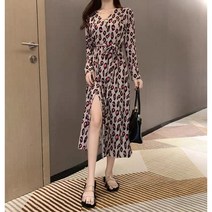 브리앙뜨 여성 호피랩 롱 원피스 브이넥 트입원피스