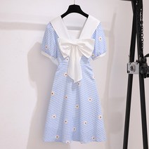 블루 리틀 풋풋한 원피스 여름 여성복 허리 리본 데이지 달콤한 체크무늬 스커트