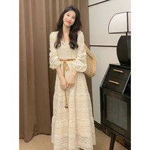 Z3JC 봄가을 레이스 절미 날씬하고 시크한 펀칭 살구색입니다 여성 롱원피스