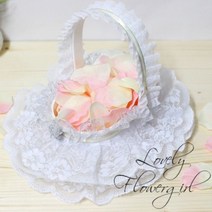 [천삼백케이] [꿈처럼] [화동바구니] 레이스바구니+조화꽃잎 세트, 핑크+크림