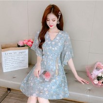 여름 플라워 A라인 쉬폰 미니 원피스 브이넥 꽃무늬 반팔 원피스