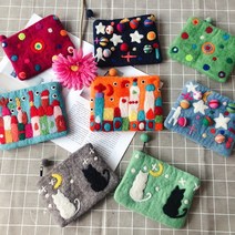 네팔 고양이 캐릭터 수놓은 수제 핸드메이드 양털 클러치이너백 립스틱 마스크보관