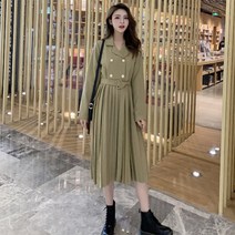 요나걸 여성 원피스 롱 원피스 주름원피스 벨트원피스 더블브레스트 트렌치코트스타일 긴소매원피스 봄가을 원피스 + 양말증정