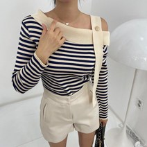 루즈핏 오픈숄더 골지 오프숄더니트 스트라이프