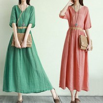 Tagi.여자 반팔 벨트 린넨 코튼 원피스 슬림 롱 면마 스커트 봄여름