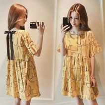 [뽐나] 여성 빅사이즈 귀여운 고양이 여러마리 백리본끈 미니원피스