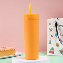 대용량 빨대 텀블러 컵 콜드 디저트39 리유저블 뜨거운 판매 16oz 아크릴 슬림 스키니 다채로운 매트 물병 뚜껑 이중 벽 머그 파티 선물, 주황색, 16온스