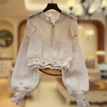 워싱 와플 가디건 스웨터 벌룬 소매 데미지 쇼트 톱