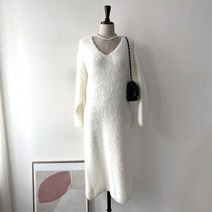 밍크 앙고라 퍼 털 브이넥 루즈핏 롱 니트 원피스 3컬러