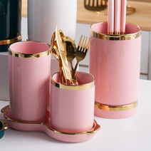 이태리인테리 물빠짐 도자기 수저통 조리도구통 수저꽂이, 2구, 핑크