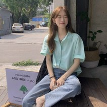 하늘색셔츠 소라색 청순 여성 상의 파스텔 블루 키작녀 루즈핏 반팔 셔츠
