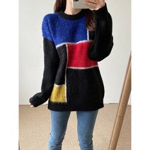 남자 오버핏 데일리 배색 라운드 커플 니트 시밀러룩 2컬러