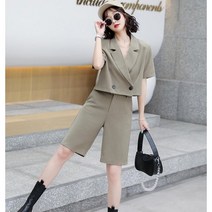 Momolatti 여성 묵히다 정장 반팔 자켓 고무줄 반바지 세트