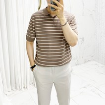 아도르클래식 버튼 카라 4컬러 스트라이프 니트 반팔티